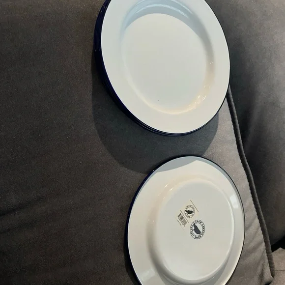 Crow Canyon Home White with Blue Trim 8”  Enamel Plates Set of 6 - Picture 2 of 5